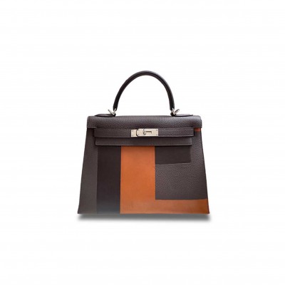 HERMÈS KELLY 28 TOGO DARK COFFEE LETTER BAG SILVER BUCKLE (28*22*10cm) 